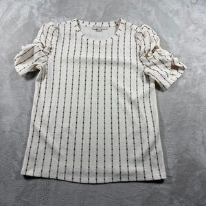 LOFT Cream and Black Striped Puff-Sleeve Top